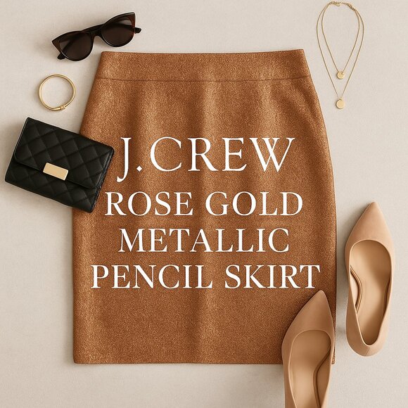 J.Crew Rose Gold Metallic Silk Pencil Skirt Sz 12 Lined Textured Shimmer Evening - Picture 1 of 12